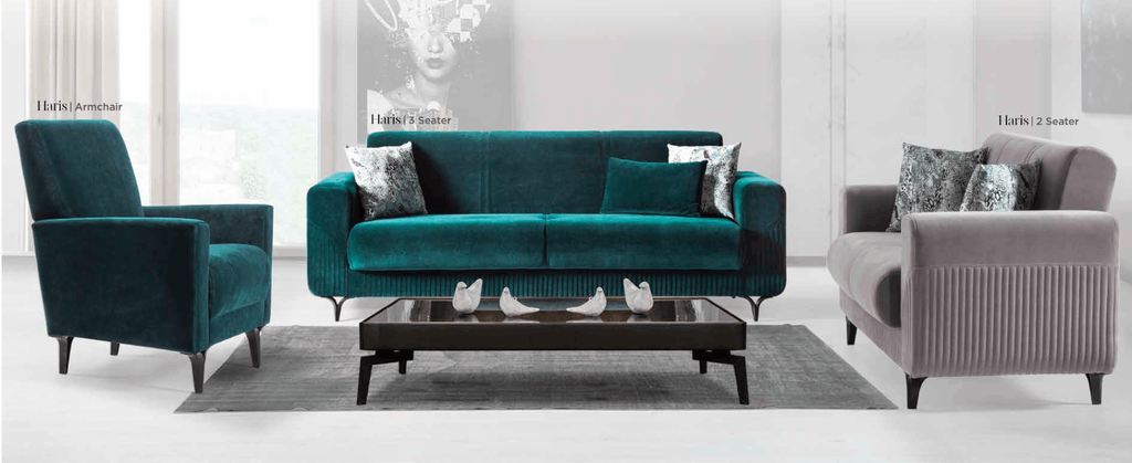 CANAPE CONVERTIBLE HARIS 3+2+1 GRIS ET TURQUOISE